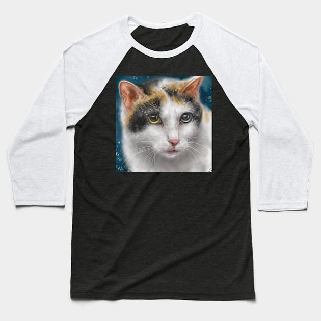 Painting of a Japanese Bobtail Cat with Gorgeous Blue and Green Eyes Baseball T-Shirt by ibadishi